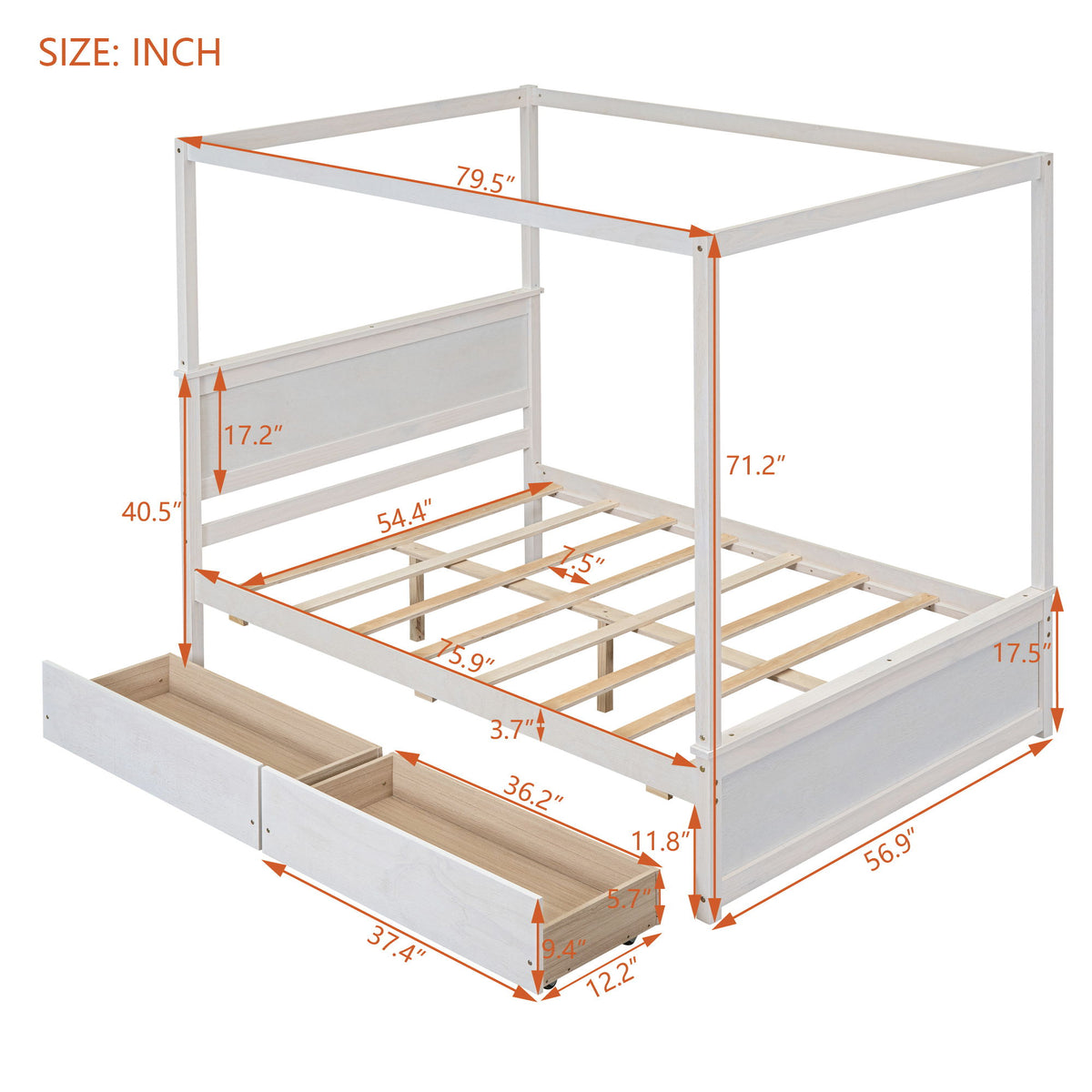Canopy Platform Bed With Drawers, Support Slats, No Box Spring Needed