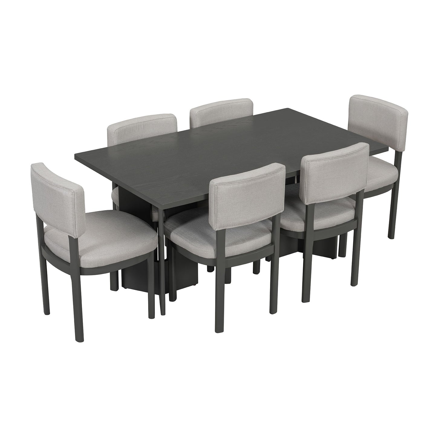 Dining Table Set With 6 Upholstered Chairs, Rectangular Table With Cutout Legs