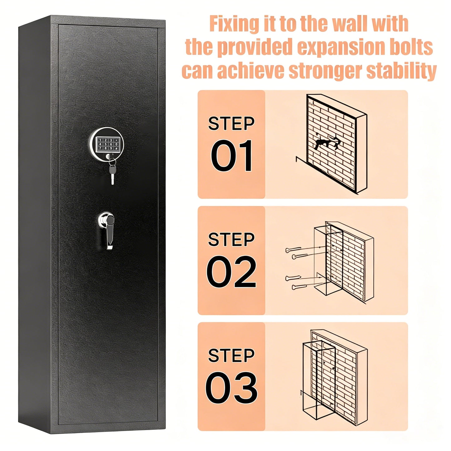 High Large Capacity Mechanical Gun Safe For Rifles & Handguns, Digital Password Lock, Built In Independent Lock Box, Adjustable Shelves - Black
