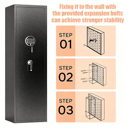 High Large Capacity Mechanical Gun Safe For Rifles & Handguns, Digital Password Lock, Built In Independent Lock Box, Adjustable Shelves - Black