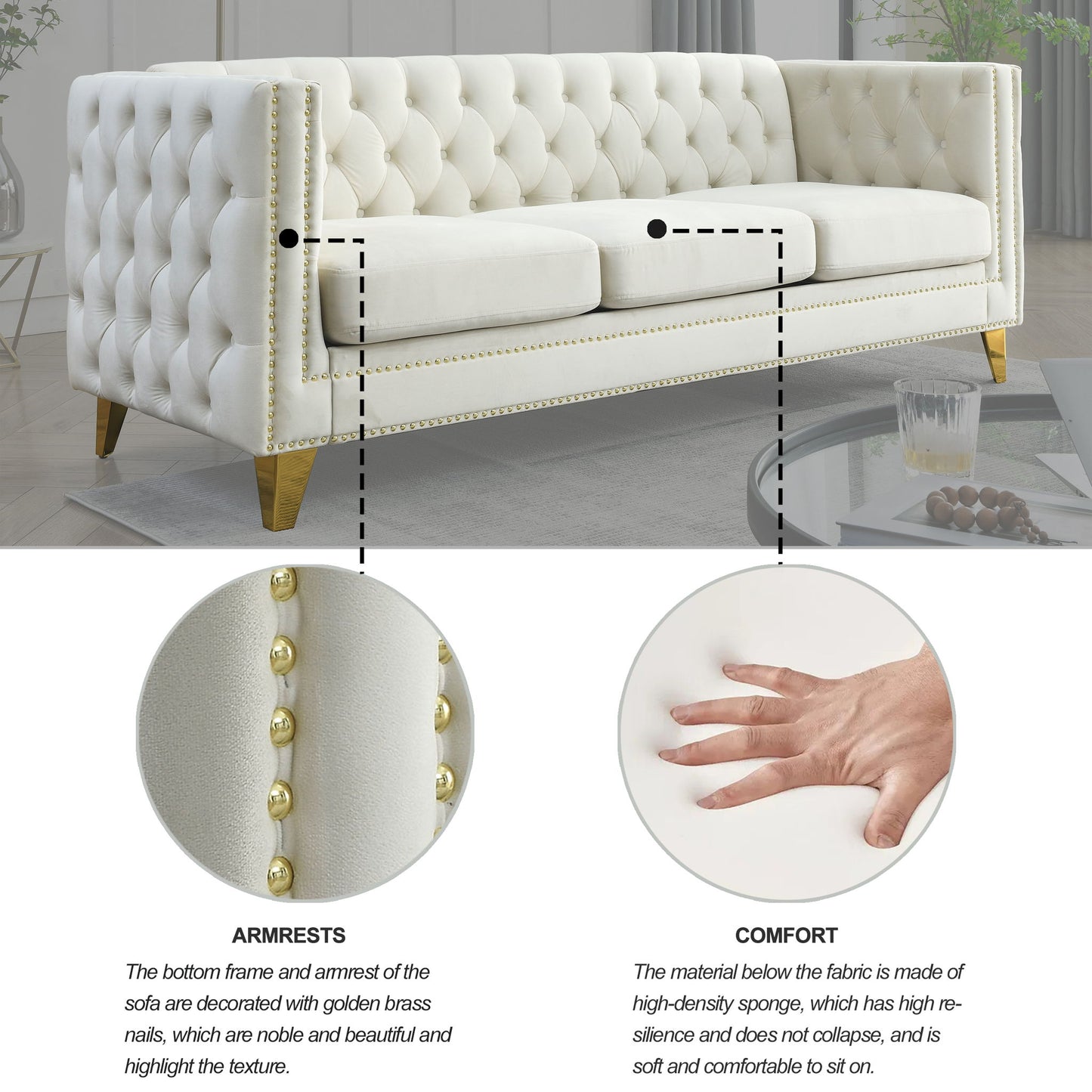 Upholstered Couch Sofa With Button Tufting For Living Room
