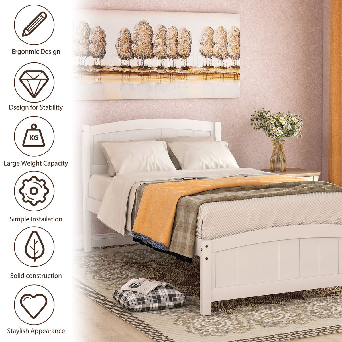 Platform Bed & Headboard, Footboard And Wood Slat Support
