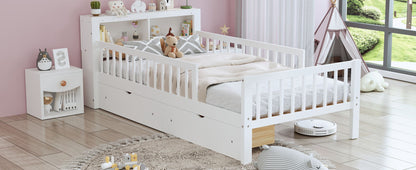 Bed With Headboard Storage Rack, 2 Under Bed Drawers, 3 Side Guardrails For Safety