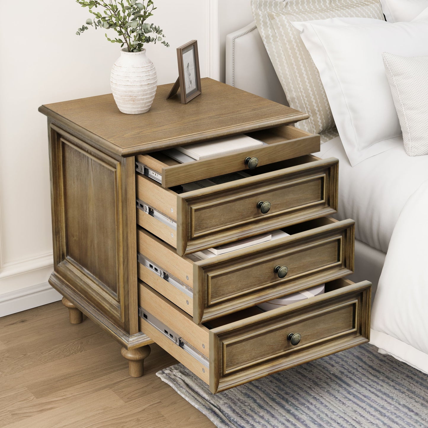 Nightstands With 4 Drawer, Storage End Table With Hidden Pull Out Shelf