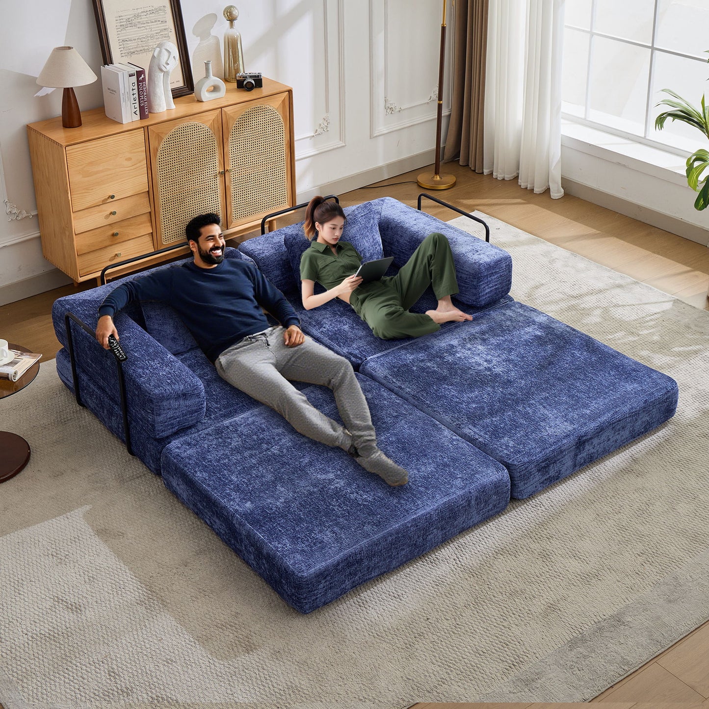 Convertible Floor Sofa Bed With Pillow Back Support Armrest