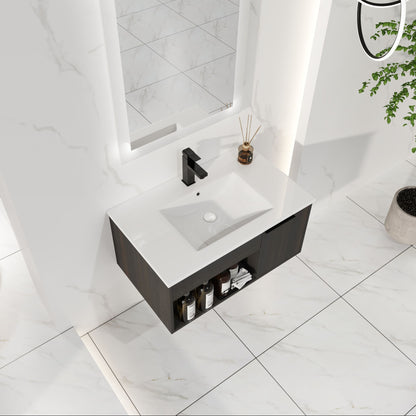 Wall Mounted Floating Bathroom Vanity With Open Shelf & Soft Close Door