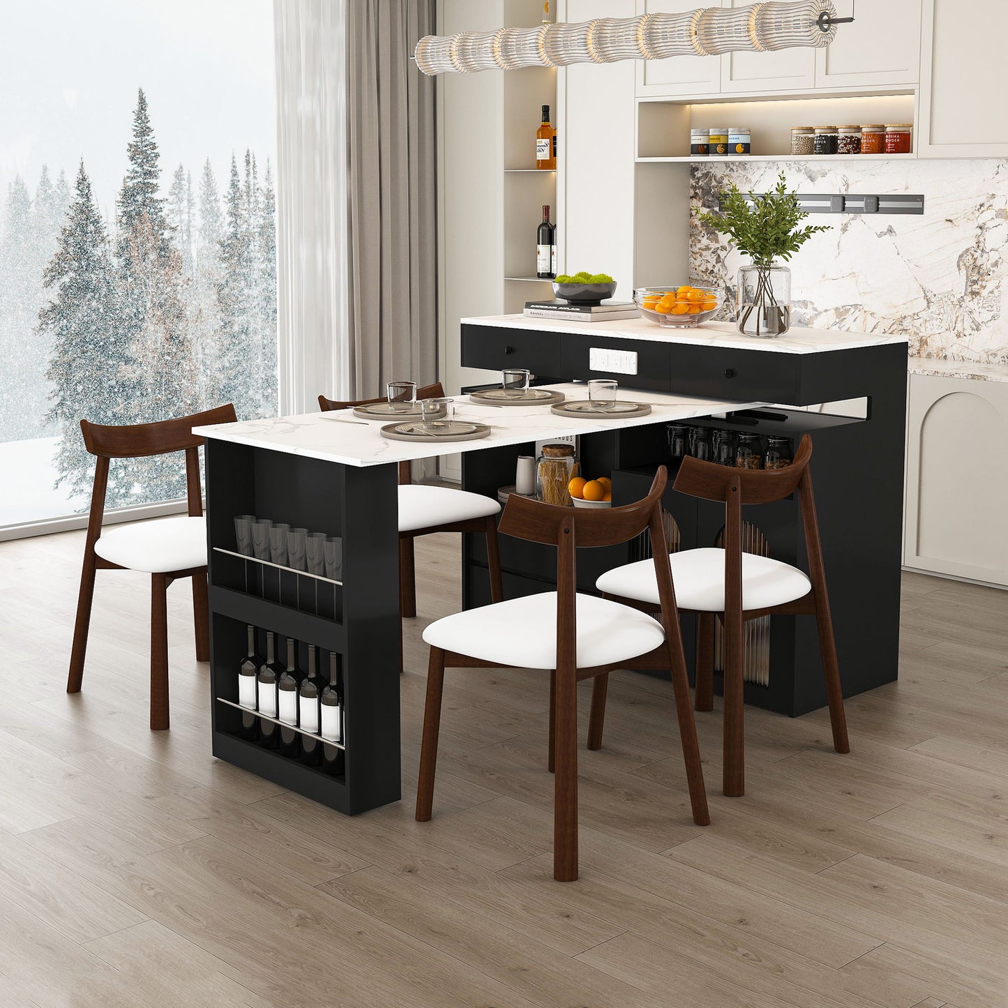 Retro Kitchen Island Set With Chairs, Extendable & Rotating Table, 4 Drawers & Door Cabinets