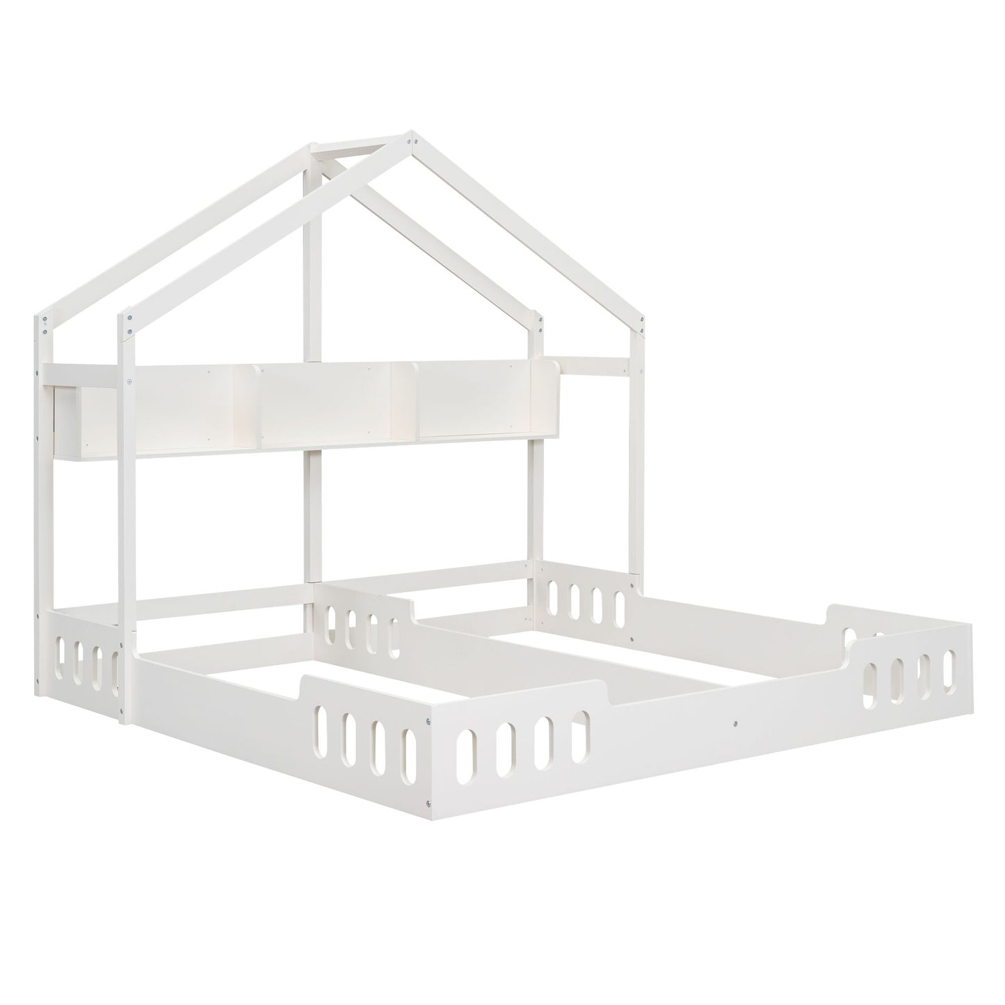 Twin Size Platform Bed With Shared Design, Guardrails, And Built In Shelves - Creamy White