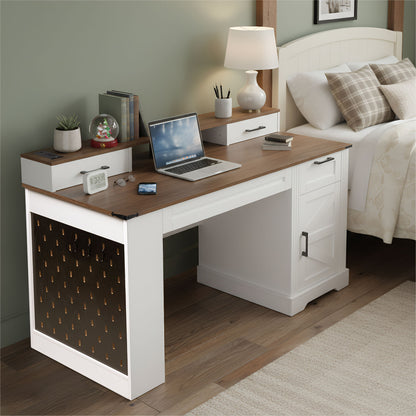 Office Desk With Storage Cabinet, Charging Station, Monitor Stand & Pegboard