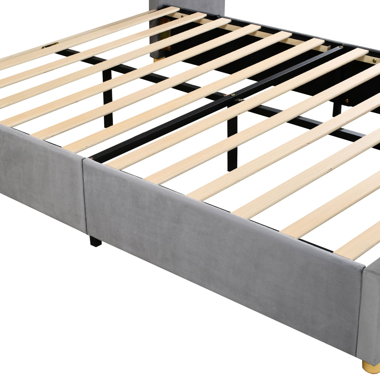 Upholstered Platform Bed, 2 Outlets And USB Charging Ports On Both Sides, 2 Bedside Pillows, Storage Shelves