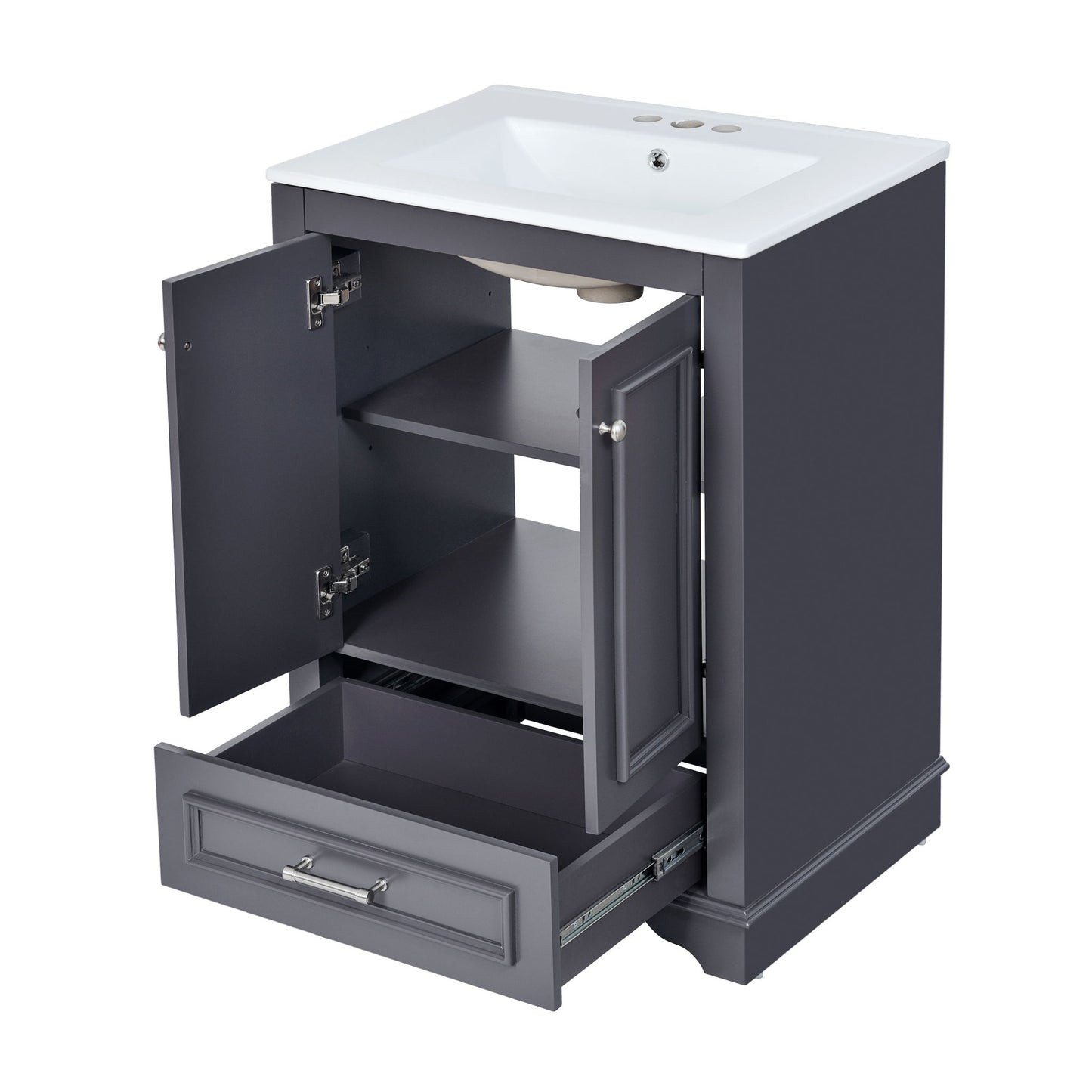 Bathroom Vanity With Ceramic Sink Combo, Modern Freestanding Storage Cabinet With Silver Handles