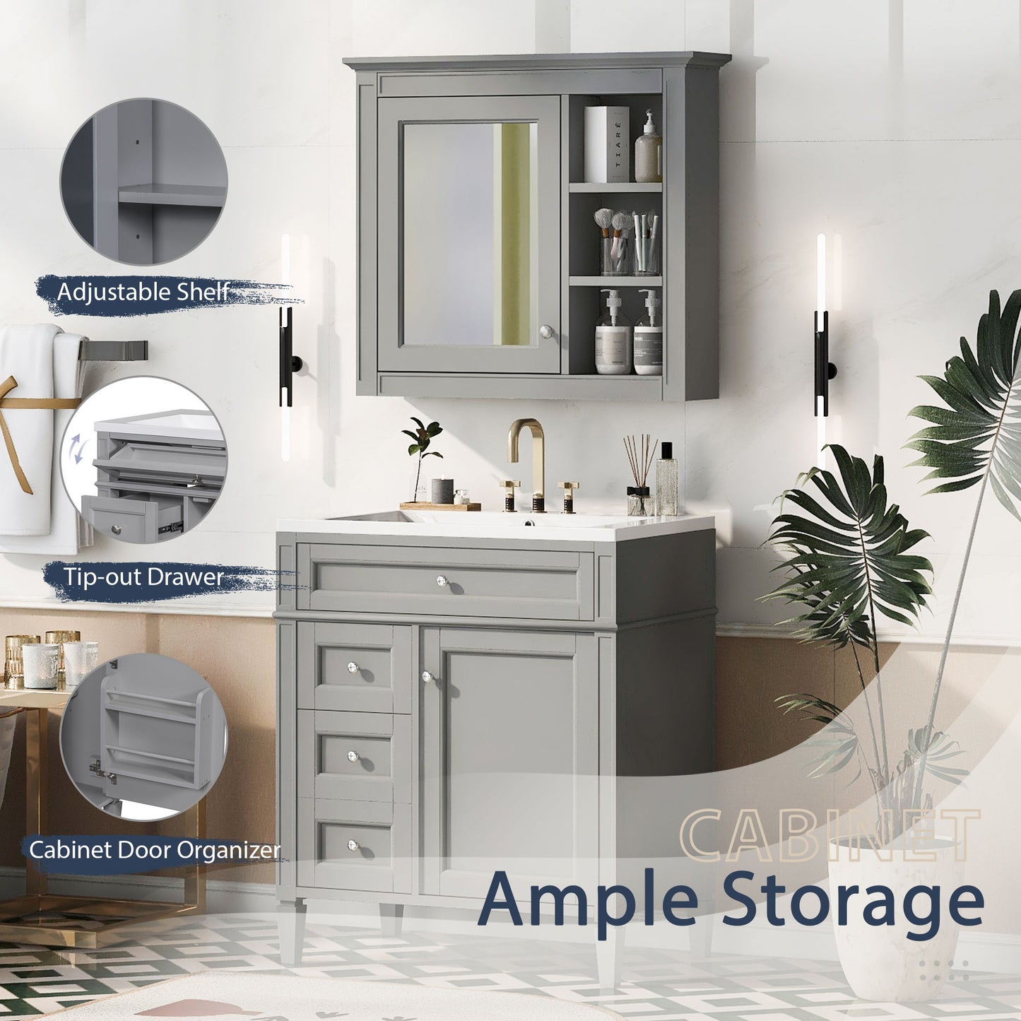 Bathroom Vanity With Medicine Cabinet, Royal Mirror Cabinet, Modern Bathroom Storage Cabinet With 2 Soft Closing Doors And 4 Drawers