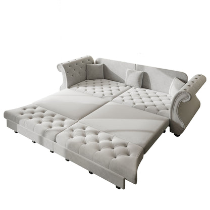 Oversized Chesterfield Pull Out Sofa Bed, Roll Arm Couch With Flower Tufting For Living Room