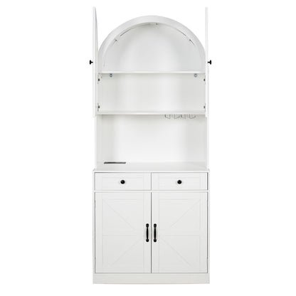 Tall Arched Pantry Cabinet With Charging Station, Adjustable Shelves, Coffee Bar