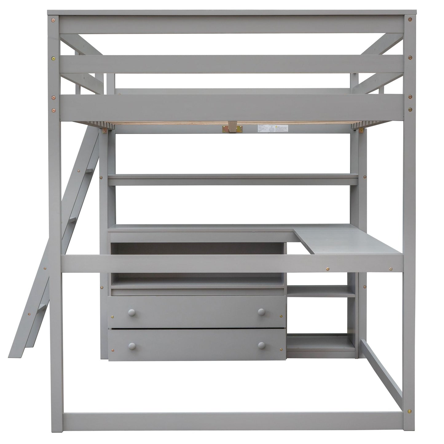 Modern Loft Bed With Built In Desk, Shelves, And 2 Drawers