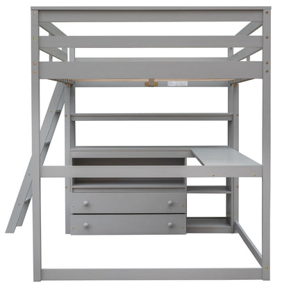 Modern Loft Bed With Built In Desk, Shelves, And 2 Drawers