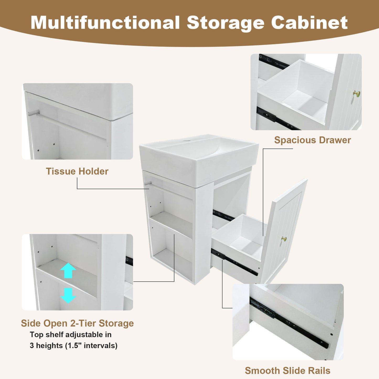 Modern Bathroom Vanity With Sink, Storage Cabinet, Drawer & Side Shelf