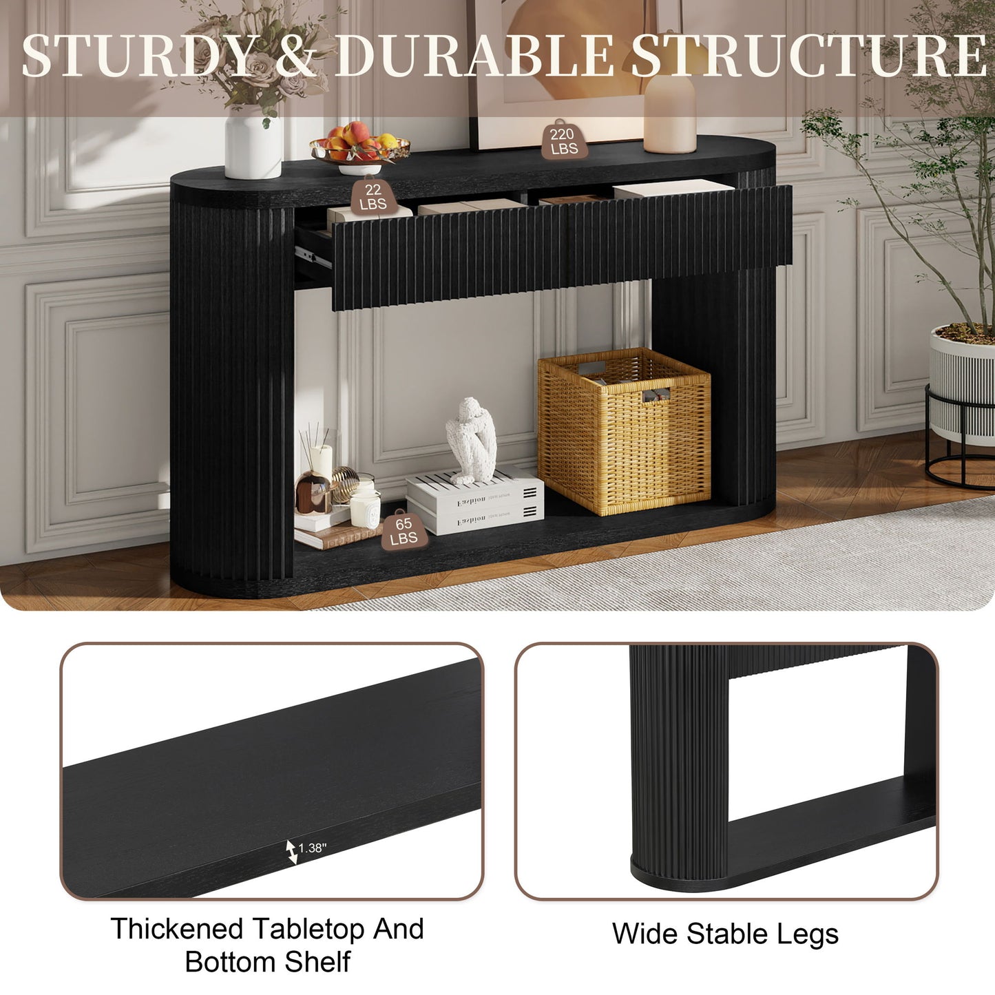 Oval Fluted Console Table With 2 Drawers And Bottom Shelf