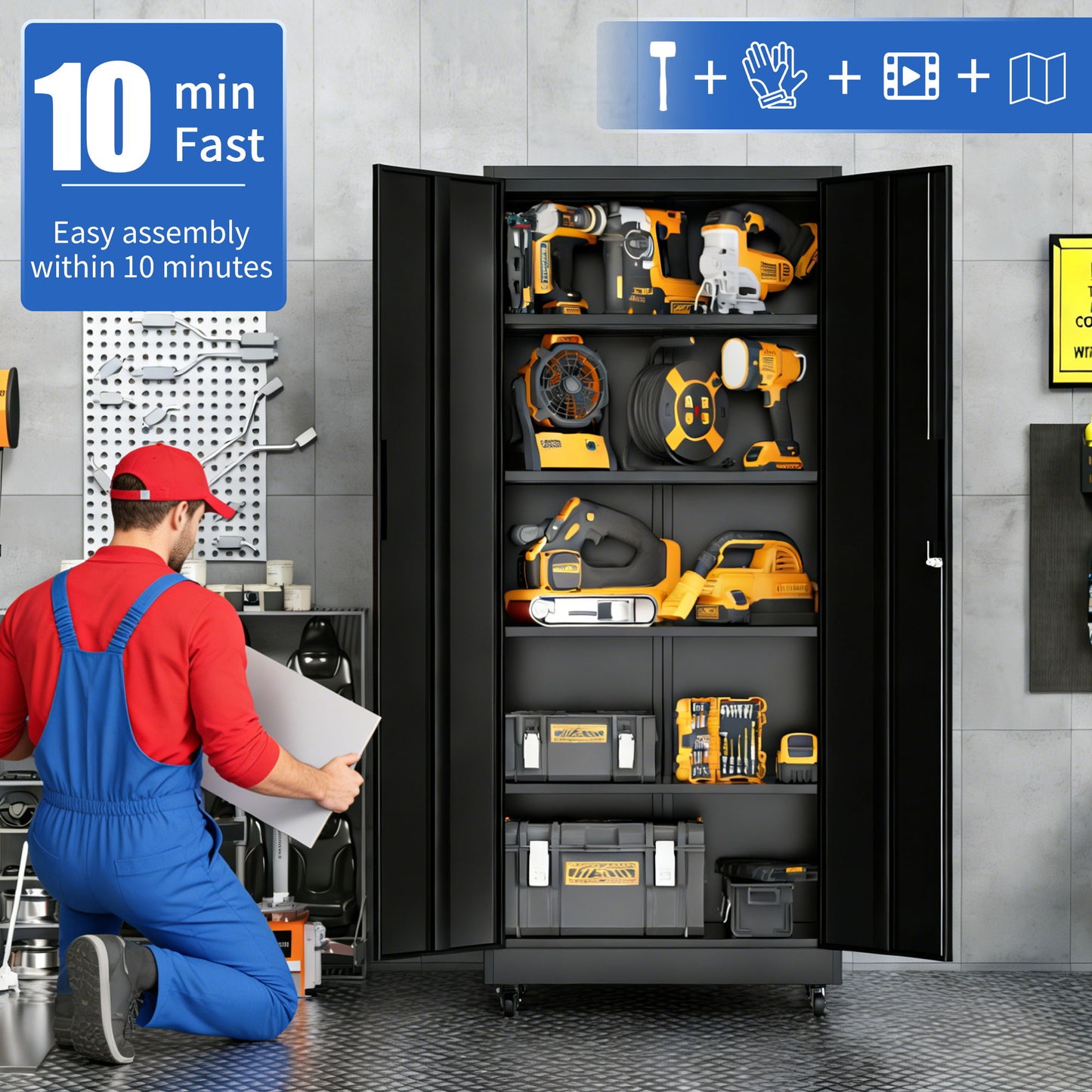 Storage Cabinet With Wheels And Lock, 4 Adjustable Shelves, 3 Point Locking Security, For Tool Organization In Garage - Black