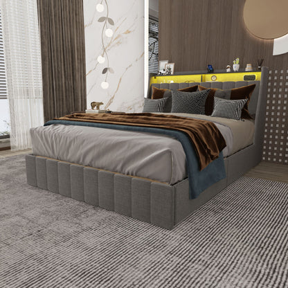 Bed With LED Lights, 4 Drawers, Winged Headboard Upholstered