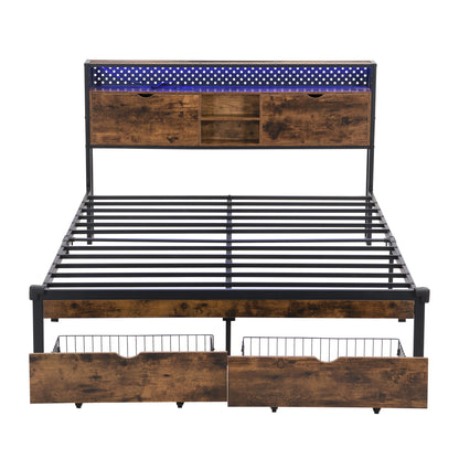 Modern Platform Bed, USB Charging Station, 2 Drawers, LED Lights
