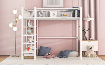 Loft Bed With 4 Tier Shelves And Storage