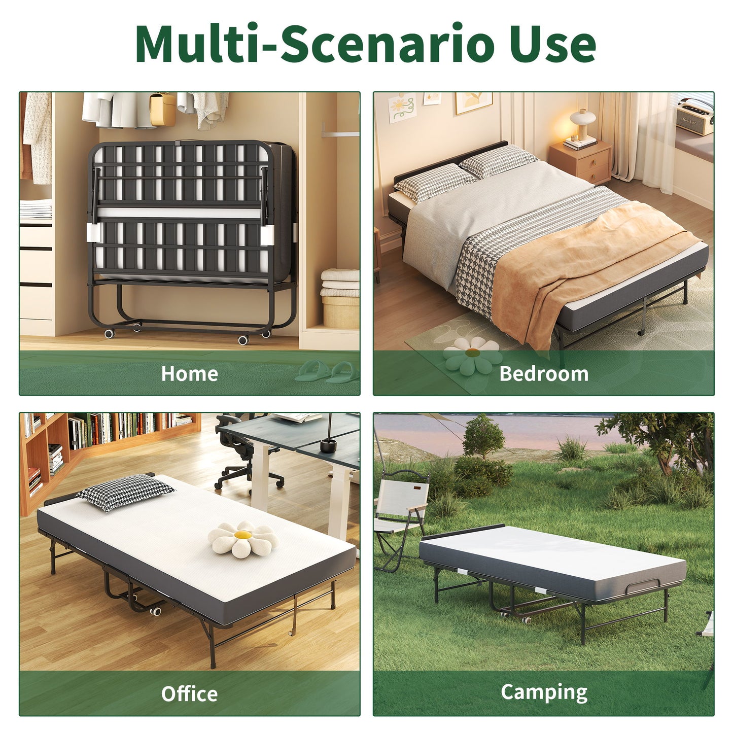 Twin Extra Long Folding Bed With Adjustable Headboard, Cot With Memory Foam Mattress - Black