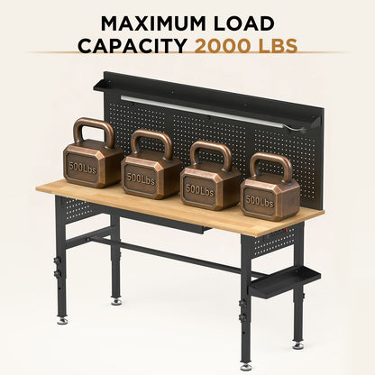 Adjustable Height Workbench, Includes Drawers, Power Outlet, LED Light, Wheels Or Leveling Feet - Black