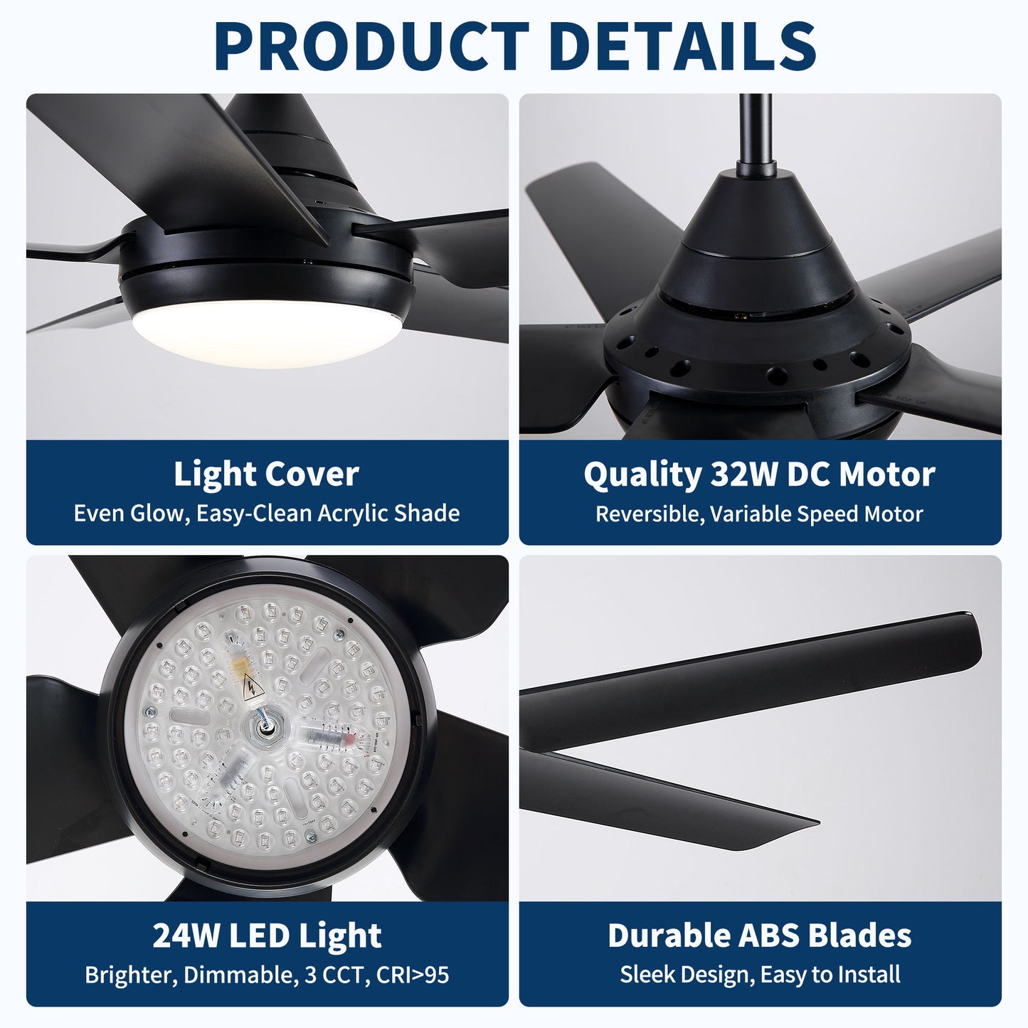 Ceiling Fan With Lights And Remote Control, Reversible DC Motor, 6 Speeds, 3 Cct Dimmable LED, Quiet Timer For Indoor - Black