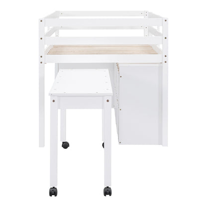 Loft Bed With Retractable Writing Desk And 4 Drawers, With Lateral Portable Desk And Shelves