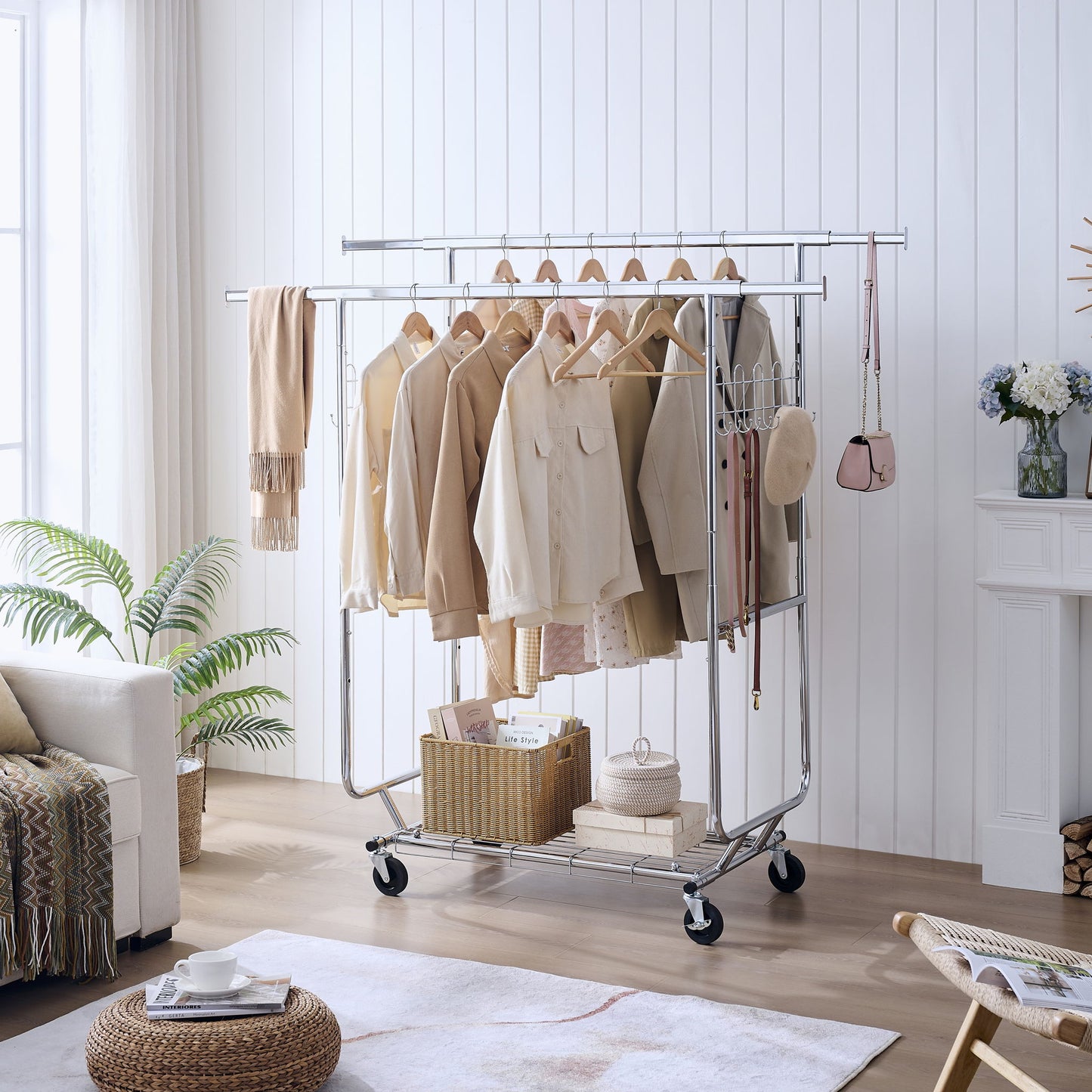 Heavy Duty Double Clothing Garment Rack With Shelves - Silver
