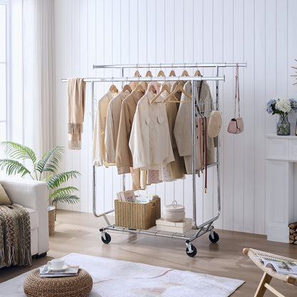 Heavy Duty Double Clothing Garment Rack With Shelves - Silver