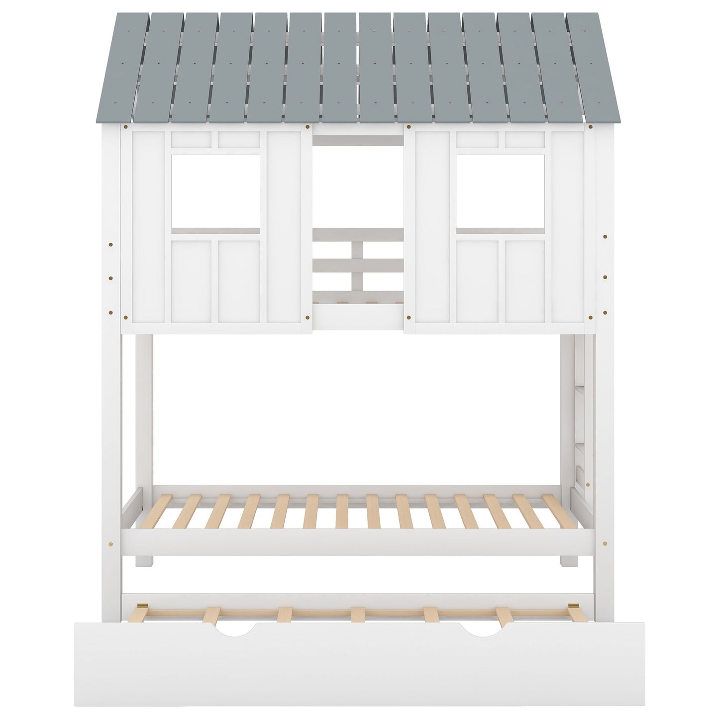 Twin Size House Bunk Bed With Trundle, Roof And Windows - White / Gray