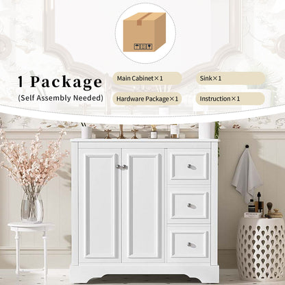 Bathroom Vanity With Sink, Soft-Close Doors, Adjustable U-Shelf, 3 Drawers