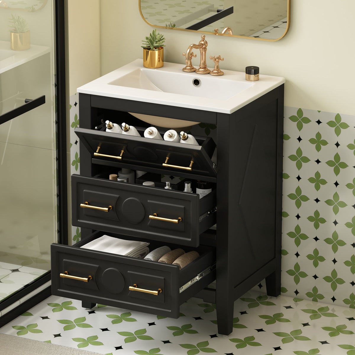 Bathroom Vanity With Sink, Free Standing Single Set, 3 Drawer Storage Cabinet
