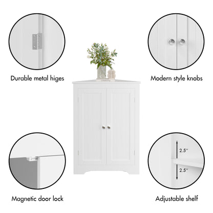 Corner Cabinet With 2 Doors And Adjustable Shelves, Freestanding Narrow Storage Organizer For Bathroom - White