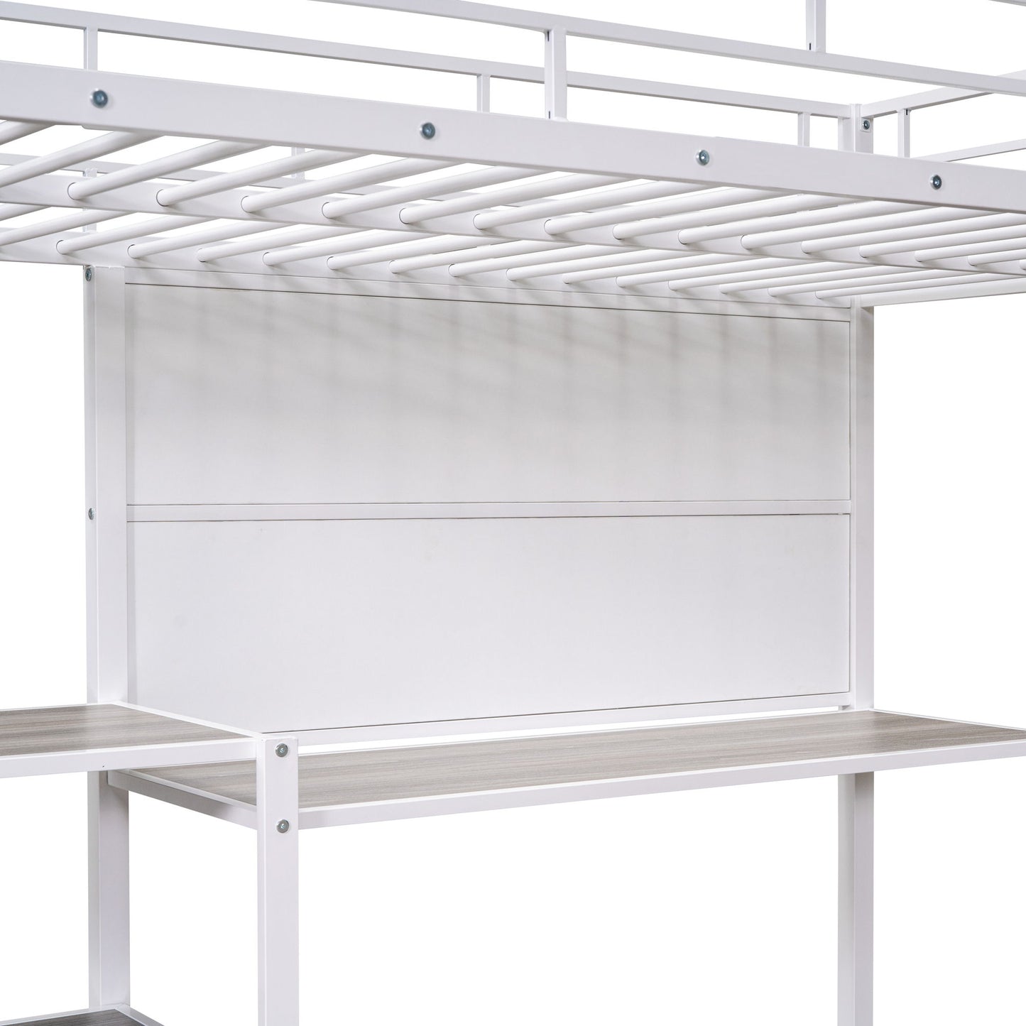 Metal Loft Bed With Desk, 3 Shelves And Ladder