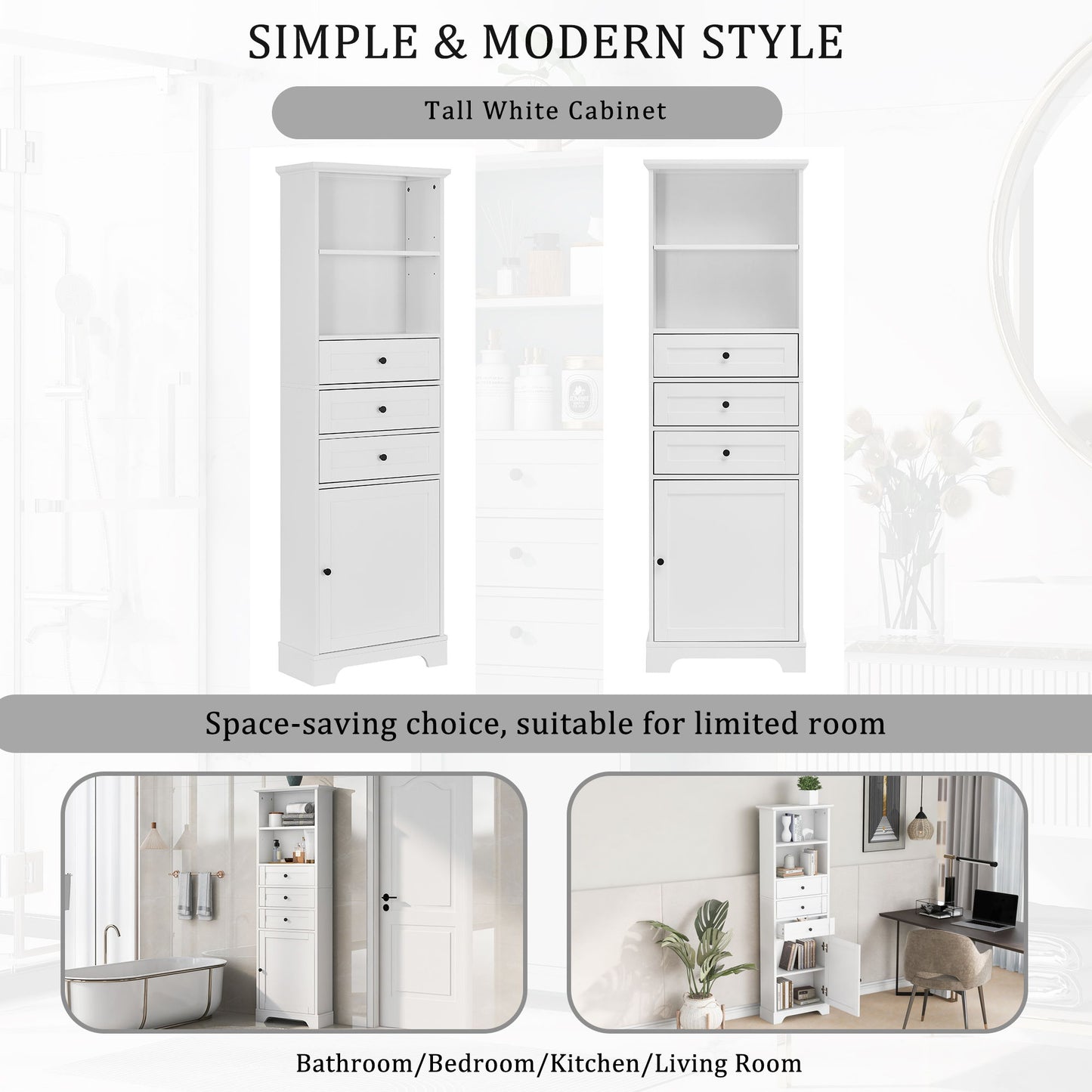 Tall Storage Cabinet With 3 Drawers And Adjustable Shelves For Bathroom
