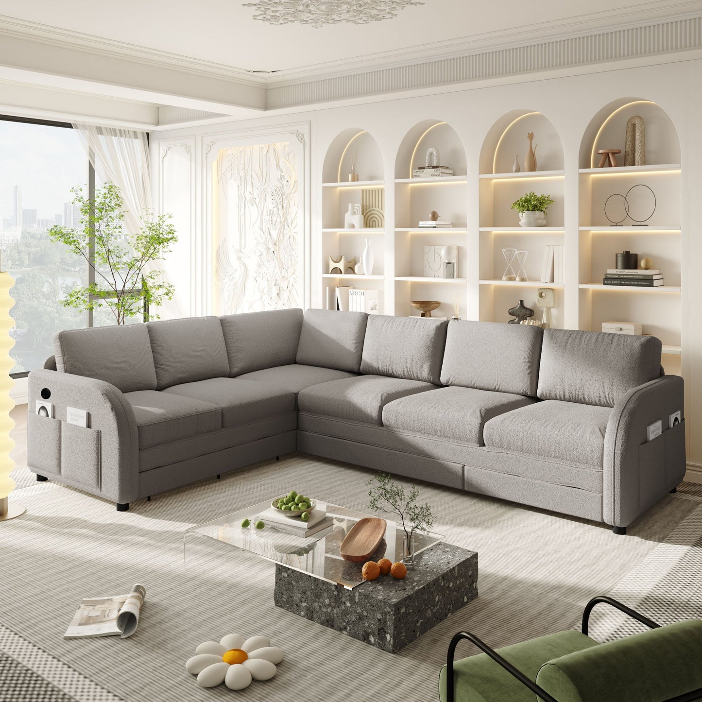 L-Shaped Couch With Pull-Out Bed, Convertible Sleeper Sofa With Side Pocket & USB Port