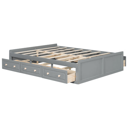 Queen Size Platform Bed Frame With 6 Drawers - Gray