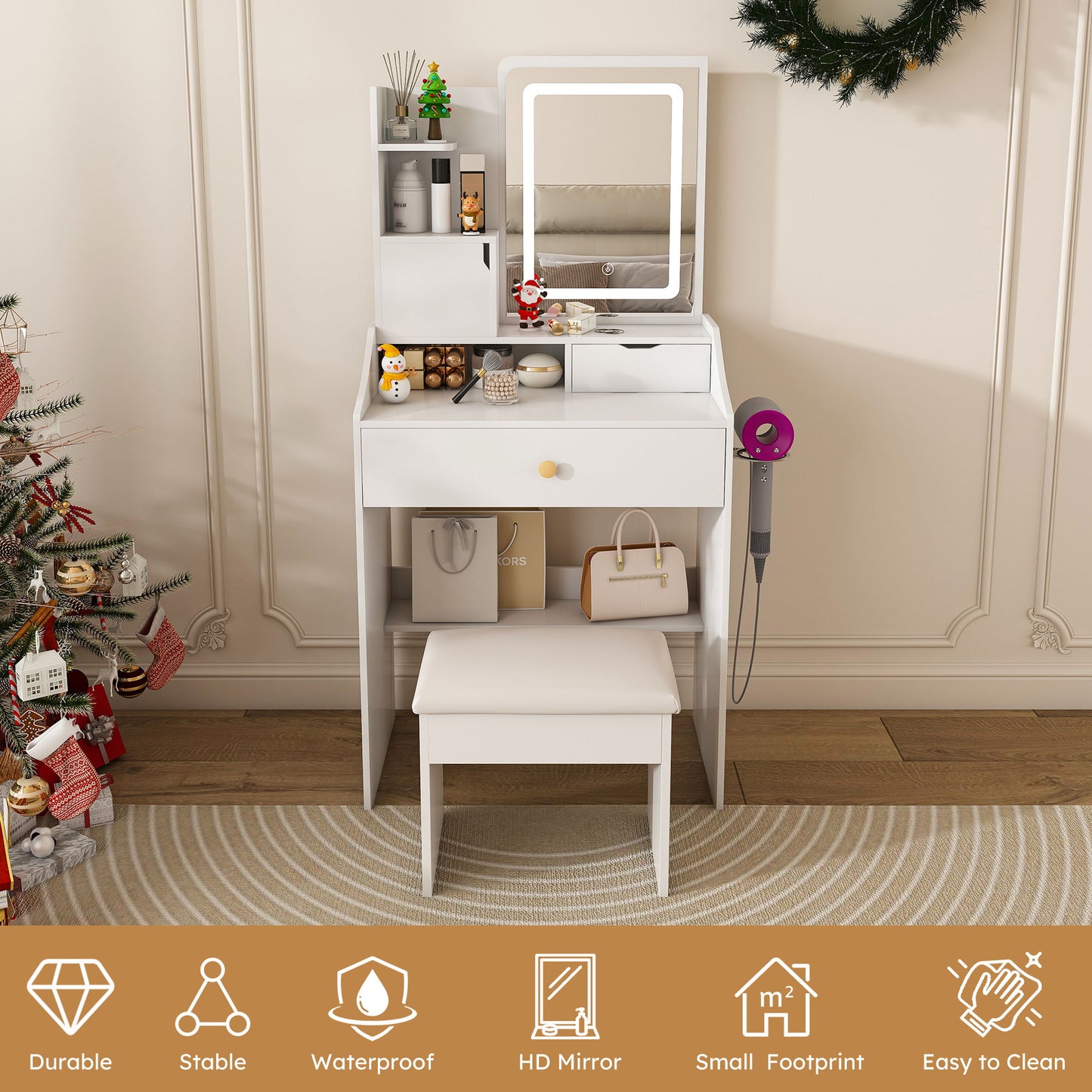 LED Vanity Mirror With Stool, 2 Drawers & 5 Storage Cabinets, Adjustable Lighting Mdf Dressing Table For Bedroom - White