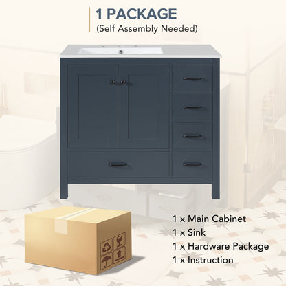 Bathroom Vanity With Ceramic Sink Combo, Abundant Storage Cabinet 2 Soft Close Doors And 5 Drawers