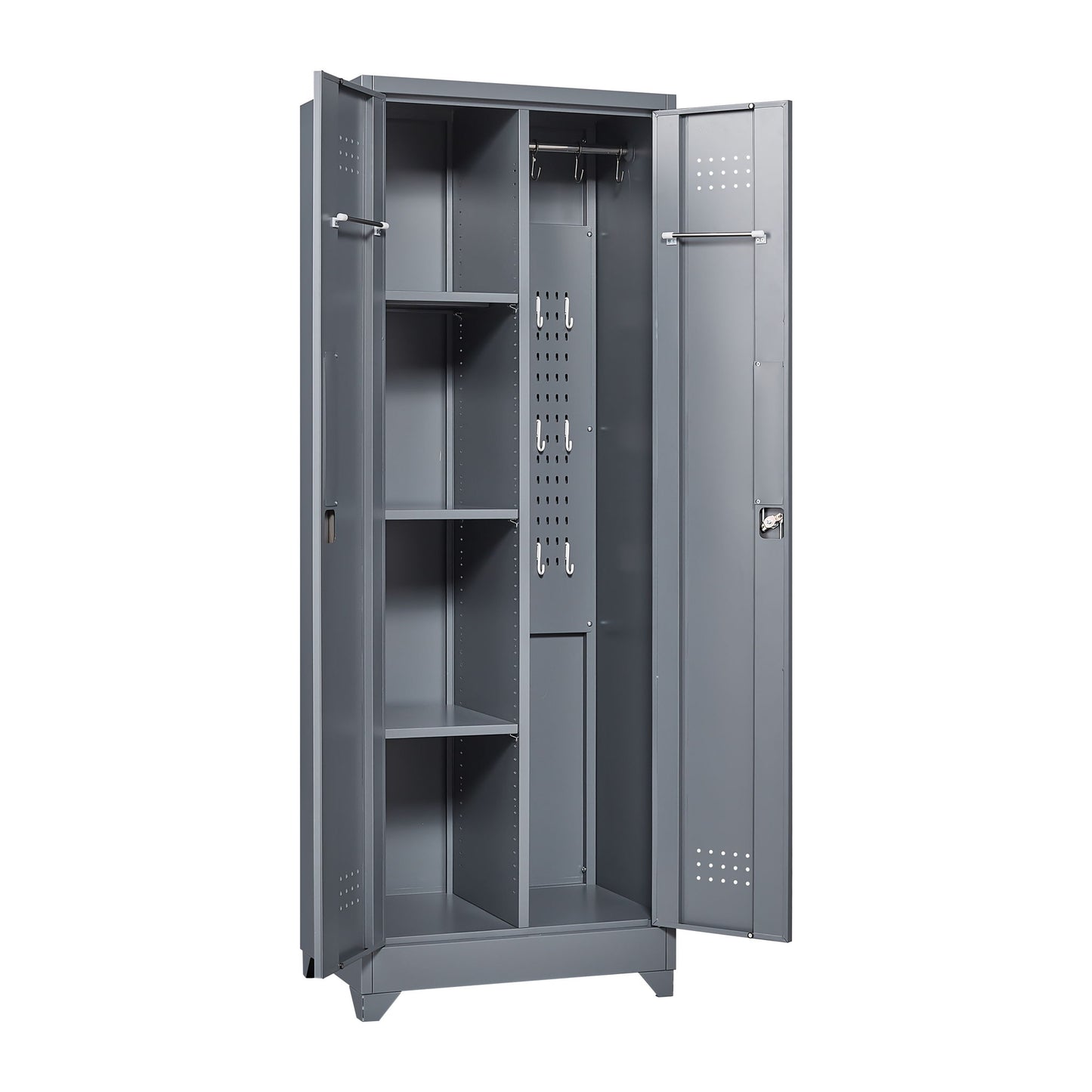 Heavy Duty Storage Cabinet With Locking Doors, Hanging Rod & Shelves, Broom Closet - Gray