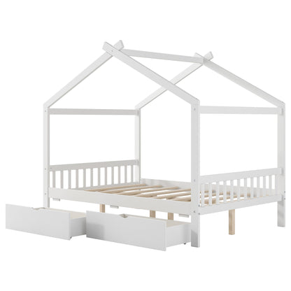 House Style Platform Bed With Headboard, Footboard, 2 Drawers, And Roof Design