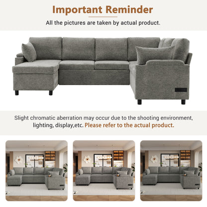 U-Shaped Sectional Sleeper Sofa With Ample Storage Space, 2 Cup Holders And Charging Ports For Living Room