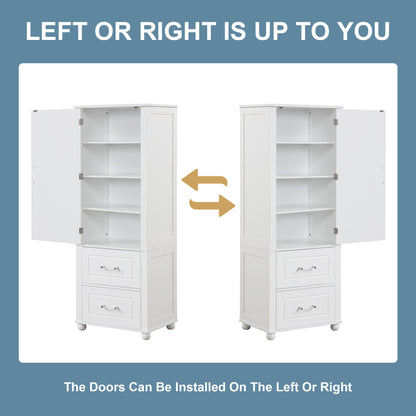 Tall Freestanding Bathroom Storage Cabinet With 2 Drawers And Adjustable Shelf
