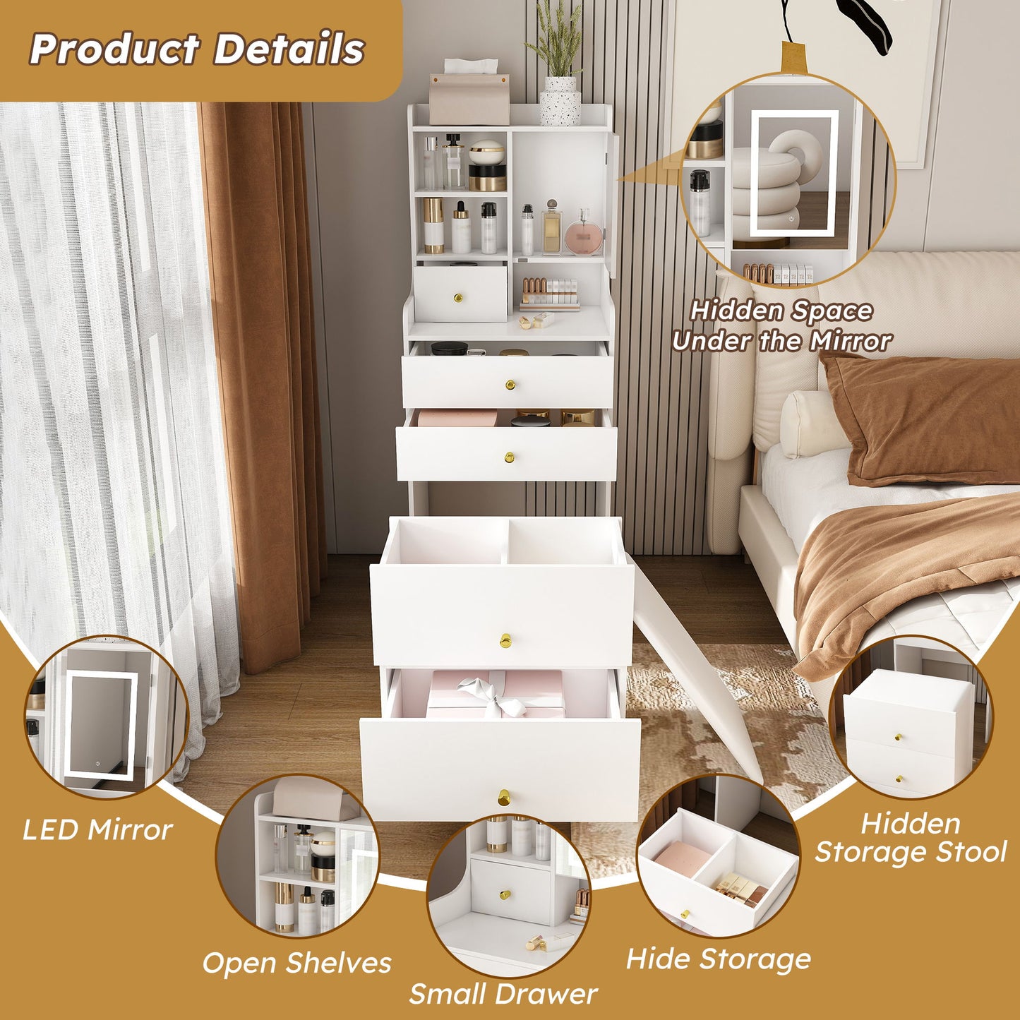 3 In 1 Dressing Table With LED Mirror & Storage Stool, Compact Makeup Vanity - White