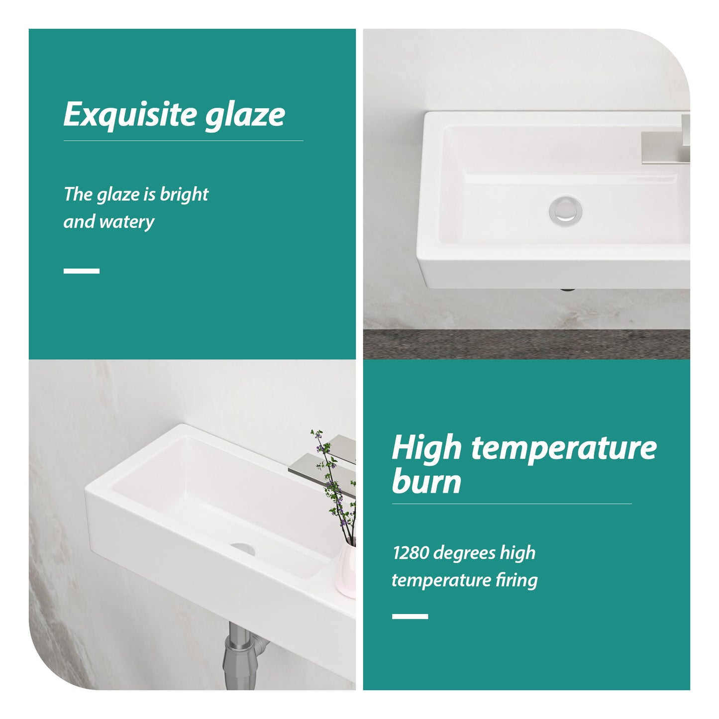 Modern Ceramic Rectangle Wall Mount Bathroom Sink With Single Faucet Hole - White