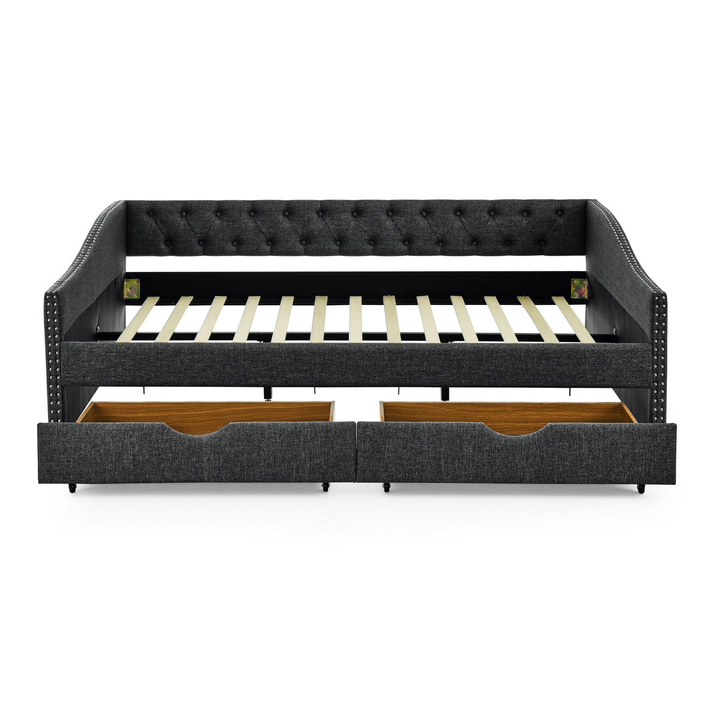 Upholstered Tufted Daybed With 2 Drawers, Waved Arms