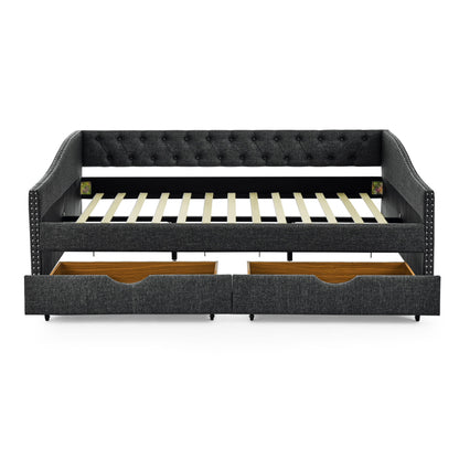 Upholstered Tufted Daybed With 2 Drawers, Waved Arms